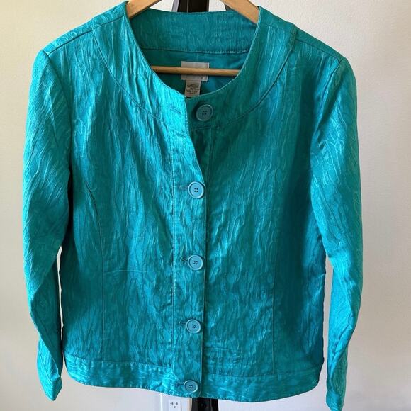 Chico's Turquoise Textured Ripple Fabric Kaden Long Sleeve Jacket Small Size 4 - Picture 1 of 6